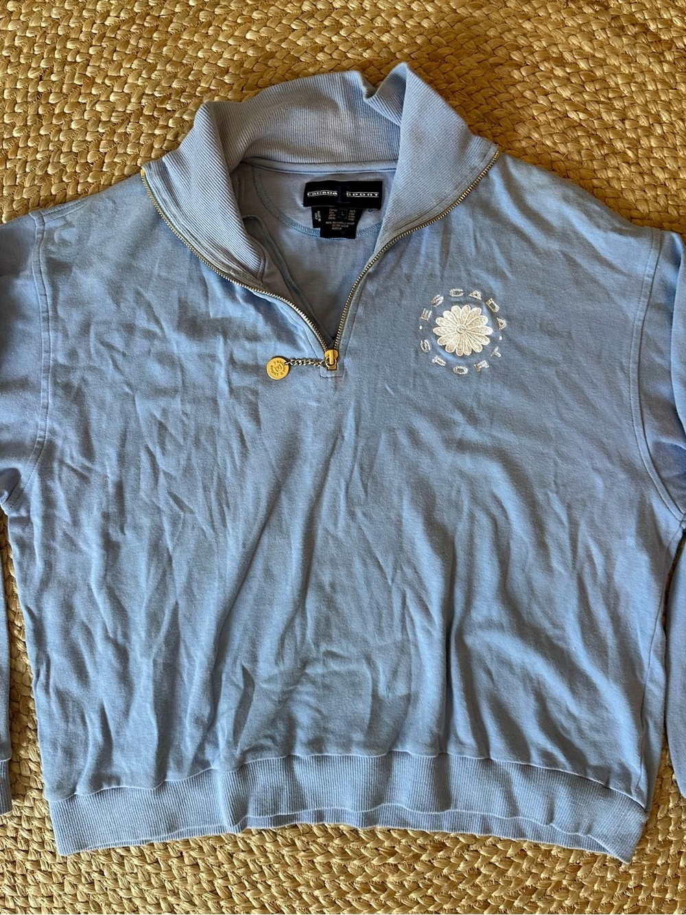Vintage Light Blue Half-Zip Pullover with Floral Embroidery